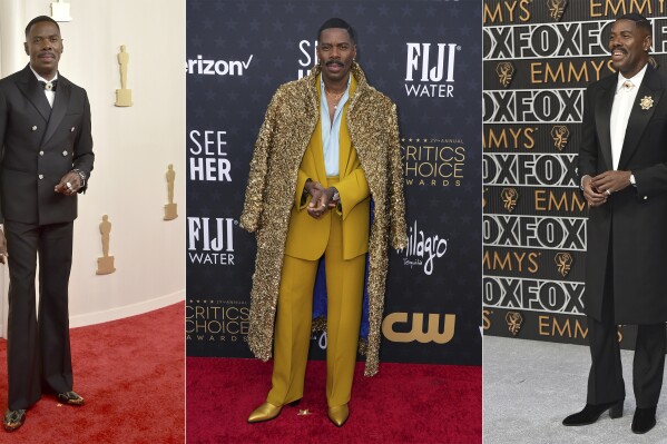 This combination of photos shows actor Colman Domingo wearing a Louis Vuitton double-breasted tuxedo with crystal buttons and gold-tipped cowboy boots at the Oscars in Los Angeles on March 10, 2024, left, Domingo wearing a mustard yellow suit by Valentino Haute Couture at the 29th Critics Choice Awards in Santa Monica, Calif., Jan. 14, center, and a custom black Louis Vuitton tuxedo and man brooches at the Emmys in Los Angeles on Jan. 15. (AP Photo)