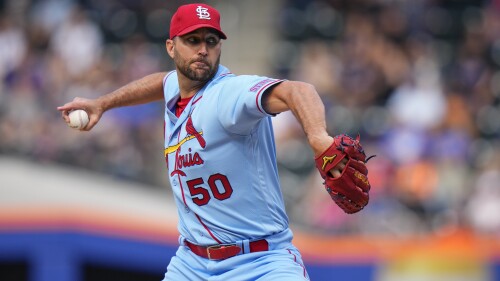 St. Louis Cardinals' Adam Wainwright (50) pitches during the first inning of a baseball game against the New York Mets, Saturday, June 17, 2023, in New York. (AP Photo/Frank Franklin II)