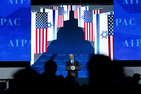 
              Vice President Mike Pence speaks at the 2017 American Israel Public Affairs Committee (AIPAC) policy conference in Washington, Sunday, March 26, 2017. (AP Photo/Jose Luis Magana)
            