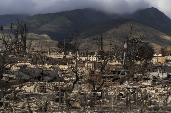ARCHIVO - Esta toma del lunes 21 de agosto de 2023 muestra viviendas destruidas en la localidad de Lahaina, Hawai, tras un devastador incendio forestal. (AP Foto/Jae C. Hong, archivo)