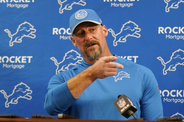 Detroit Lions head coach Dan Campbell addresses the media after an NFL football game against the Baltimore Ravens, Sunday, Oct. 22, 2023, in Baltimore. (AP Photo/Nick Wass)