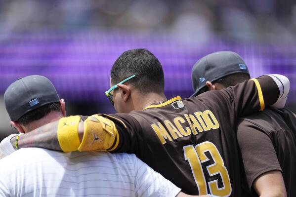 The cleats of Manny Machado of the San Diego Padres are seen