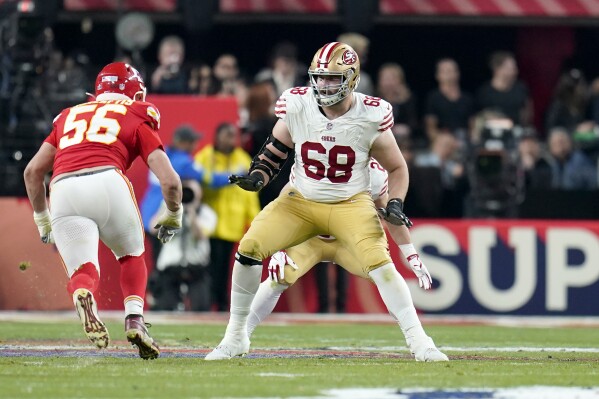 FILE - San Francisco 49ers offensive tackle Colton McKivitz (68) pass blocks against the Kansas City Chiefs during the second half of the NFL Super Bowl 58 football game Sunday, Feb. 11, 2024, in Las Vegas. The San Francisco 49ers have agreed to a one-year extension with right tackle Colton McKivitz to keep him under contract through the 2025 season. McKivitz's agents at AMDG Sports said Friday, March 8, 2024, the deal for 2025 is worth $7 million with about $4.5 million in guarantees. (AP Photo/Steve Luciano, File)