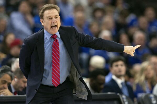 St. John's head coach Rick Pitino yells to his team as they play against Creighton during the first half of an NCAA college basketball game Saturday, Jan. 13, 2024, in Omaha, Neb. (AP Photo/Rebecca S. Gratz)