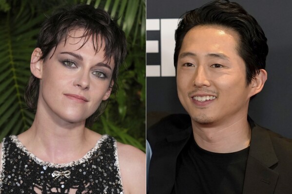 Kristen Stewart appears at 14th annual Pre-Oscar Awards Dinner in Beverly Hills, Calif., on March 11, 2023, left, and Steven Yeun appears at the premiere of the Netflix series "Beef" in Los Angeles on March 30, 2023. Stewart and Yeun play a satellite and a buoy in love in "Love Me," one of the many films heading to Sundance next year. (AP Photo)