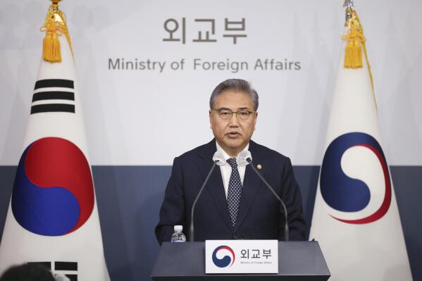 South Korean Foreign Minister Park Jin speaks during a briefing announcing a plan to resolve a dispute over compensating people forced to work under Japan's 1910-1945 occupation of Korea, at the Foreign Ministry in Seoul, South Korea Monday, March 6, 2023. South Korea on Monday announced a contentious plan to raise local civilian funds to compensate Koreans who won damages in lawsuits against Japanese companies that enslaved them during World War II. (Kim Hong-Ji/Pool Photo via AP)