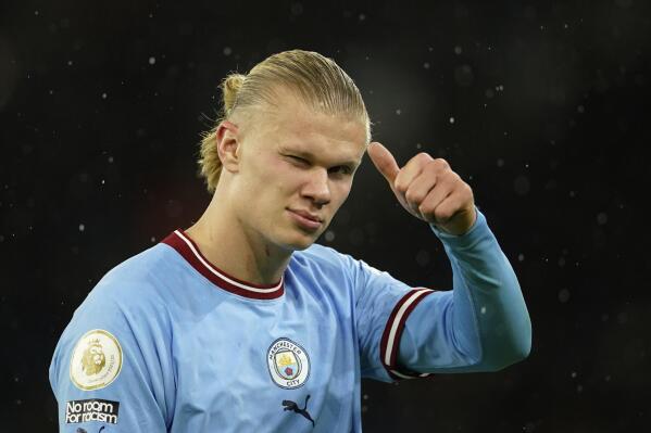 Manchester City's Erling Haaland gestures during the English Premier League soccer match between Manchester City and Everton at the Etihad Stadium in Manchester, England, Saturday, Dec. 31, 2022. (AP Photo/Dave Thompson)
