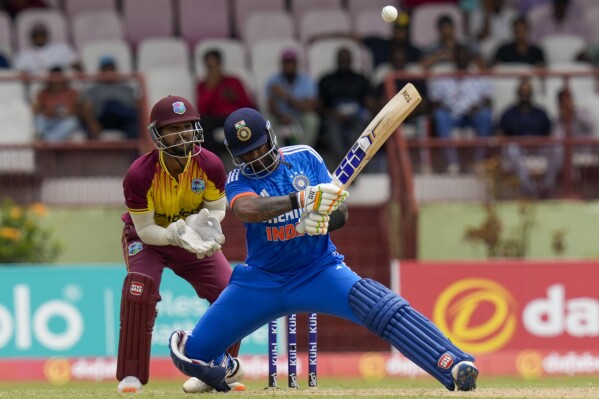 India's Suryakumar Yadav plays a shot against West Indies during the third T20 cricket match at Providence Stadium in Georgetown, Trinidad and Tobago, Tuesday, Aug. 8, 2023. (AP Photo/Ramon Espinosa)