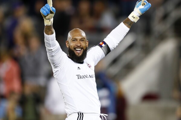 FILE -Colorado Rapids goalkeeper Tim Howard celebrates as time runs out in the team's MLS soccer match against the Portland Timbers on Saturday, June 17, 2017, in Commerce City, Colo. The Rapids won 2-1. Tim Howard will join Tony Meola, Kasey Keller and Brad Friedel on Saturday, May 4, 2024, as modern-era American goalkeepers in the U.S. National Soccer Hall of Fame. (AP Photo/David Zalubowski, File)