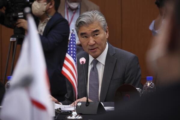 Sung Kim, U.S. Special Envoy for North Korea, speaks during a meeting with his South Korean counterpart Kim Gunn and Japanese counterpart Takehiro Funakoshi at the Foreign Ministry in Seoul, South Korea Friday, June 3, 2022. (Kim Hong-Ji/Pool Photo via AP)