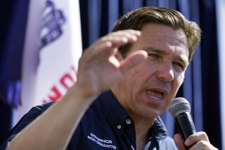Republican presidential candidate Florida Gov. Ron DeSantis speaks during a Fair-Side Chat with Iowa Gov. Kim Reynolds at the Iowa State Fair, Saturday, Aug. 12, 2023, in Des Moines, Iowa. (AP Photo/Jeff Roberson)