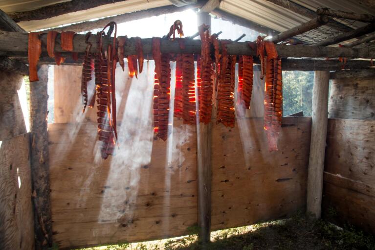 In this undated photo provided by the Tanana Chiefs Conference, salmon hangs on a drying rack at a fish camp in Fort Yukon, Alaska. Families traditionally spend the summer at fish camps using nets and fish wheels to snag adult salmon as they migrate inland from the ocean to the place where they hatched so they can spawn. The salmon is prepared for storage a variety of ways: dried for jerky, cut into fillets that are frozen, canned in half-pint jars or preserved in wooden barrels with salt. (Rachel Saylor/Tanana Chiefs Conference via AP)