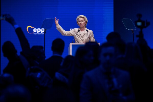 European Commission President Ursula von der Leyen addresses the EPP Congress in Bucharest, Romania, Thursday, March 7, 2024. The 2024 EPP Congress designated Germany's Ursula von der Leyen, who seeks a second term as head of the European Union's powerful Commission, as the party's lead candidate in the upcoming European elections. (AP Photo/Andreea Alexandru)