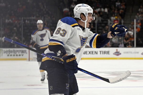 St. Louis Blues left wing Jake Neighbours reacts after scoring against the Anaheim Ducks during the first period of an NHL hockey game in Anaheim, Calif., Sunday, Nov. 19, 2023. (AP Photo/Alex Gallardo)