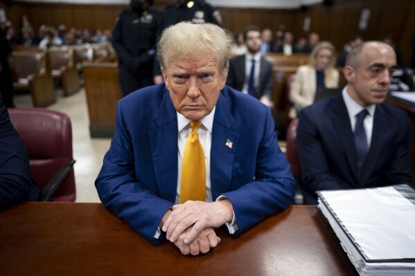 Republican presidential candidate, former President Donald Trump awaits the start of proceedings for his trial at the Manhattan criminal court, Thursday, May 2, 2024, in New York. (Doug Mills/The New York Times via AP, Pool)