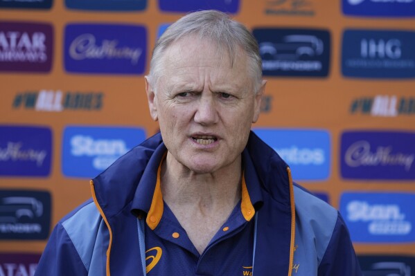 Australia Rugby's head coach Joe Schmidt comments at Stanmore Public School in Sydney, Australia, Thursday, June 19, 2025, after the announcement of the rugby union squad that will that will be considered for a position in the three-test series against the British and Irish Lions. (AP Photo/Rick Rycroft)