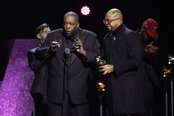 Killer Mike, left, and DJ Paul accepts the award for best rap performance for "Scientists & Engineers" during the 66th annual Grammy Awards on Sunday, Feb. 4, 2024, in Los Angeles. (APPhoto/Chris Pizzello)
