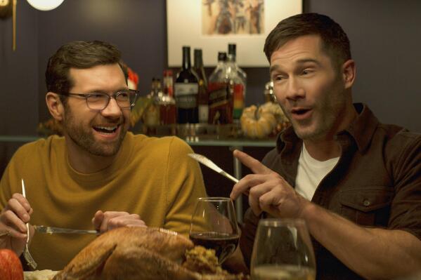 This image released by Universal Pictures shows Billy Eichner, left, and Luke Macfarlane in a scene from "Bros." (Universal Pictures via AP)