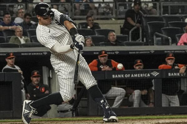 New York Yankees' Aaron Judge hits a home run during fifth inning of a baseball game against the Baltimore Orioles, Monday May 23, 2022, in New York. (AP Photo/Bebeto Matthews)