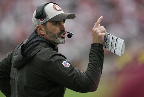 FILE - Cleveland Browns head coach Kevin Stefanski gestures during the first half of an NFL football game against the San Francisco 49ers Sunday, Oct. 15, 2023, in Cleveland. Kevin Stefanski is a finalist for The Associated Press 2023 NFL Coach of the Year. The winners will be announced at NFL Honors on Feb. 8.(AP Photo/Sue Ogrocki, File)