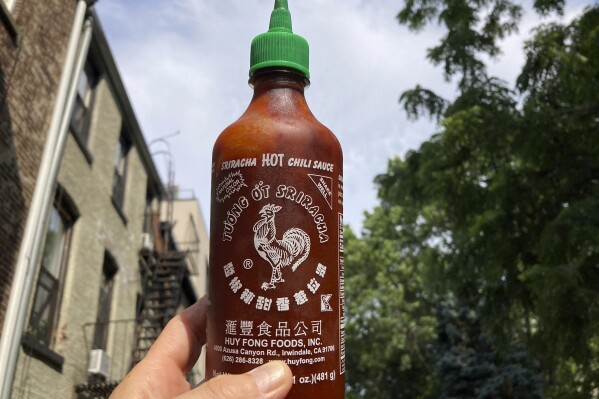 A bottle of Sriracha chili sauce is shown in New York on Thursday, July 13, 2023. Huy Fong Sriracha, which used to go for under $5 or $10 a bottle, is now selling for shocking amounts in some listings posted to Amazon, eBay and Walmart. (AP Photo/Peter Morgan)