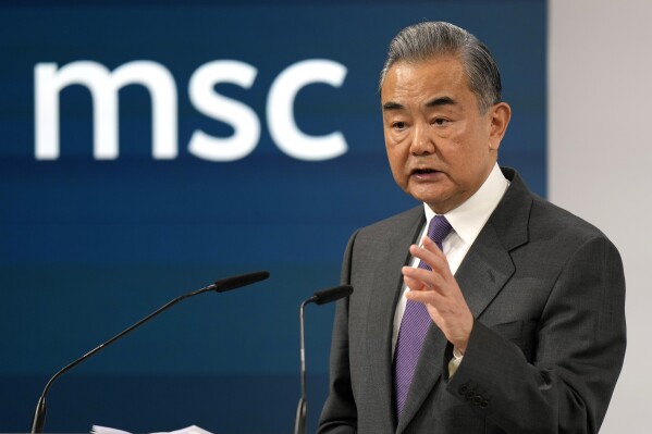 Chinese Foreign Minister Wang Yi delivers a speech at the Munich Security Conference at the Bayerischer Hof Hotel in Munich, Germany, Saturday, Feb. 17, 2024. The 60th Munich Security Conference (MSC) is taking place from Feb. 16 to Feb. 18, 2024. (APPhoto/Matthias Schrader)