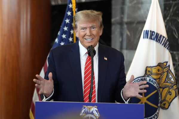 Republican presidential candidate former President Donald Trump speaks after meeting with members of the International Brotherhood of Teamsters at their headquarters in Washington, Wednesday, Jan. 31, 2024. (AP Photo/Andrew Harnik)