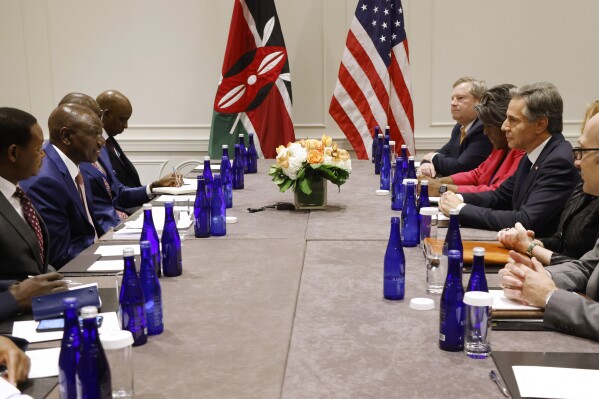 Secretary of State Antony Blinken, right, meets with Kenya's President William Ruto, left, Thursday, Sept. 21, 2023, in New York. (AP Photo/Jason DeCrow, Pool)
