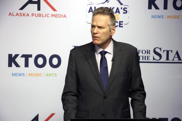 Incumbent Gov. Mike Dunleavy, a Republican running for re-election, is shown prior to a televised debate Wednesday, Oct. 19, 2022, in Anchorage, Alaska. He faces Democrat Les Gara; former Gov. Bill Walker, an independent; and Charlie Pierce, a Republican, in the November general election. (AP Photo/Mark Thiessen)