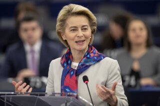 European Commission President Ursula von der Leyen delivers her speech at the European parliament Tuesday, Jan.14, 2020 in Strasbourg, eastern France. Croatian Prime Minister Andrej Plenkovic will present the priorities of the rotating Council presidency for the next six months. (AP Photo/Jean-Francois Badias)