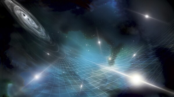This illustration provided by researchers in June 2023 depicts gravitational waves stretching and squeezing space-time in the universe. On Wednesday, June 28, 2023, researchers reported signals from what they call low-frequency gravitational waves — changes in the fabric of the universe that are created by huge objects moving around and colliding in space. It took decades of work by scientists across the globe to track down the evidence for these super-slow wobbles. (Aurore Simonnet/NANOGrav Collaboration)