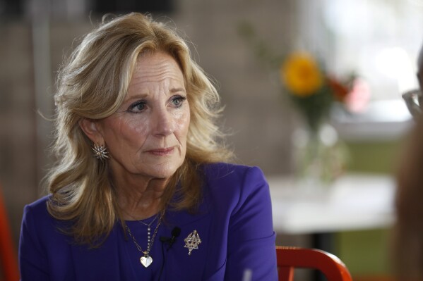 First lady Jill Biden listens to women discuss their concerns about gun violence, reproductive rights and other topics at Eat restaurant in downtown Las Vegas Saturday, March 2, 2024. The event was part of a nationwide program to organize and mobilize female voters. (Steve Marcus/Las Vegas Sun via AP)
