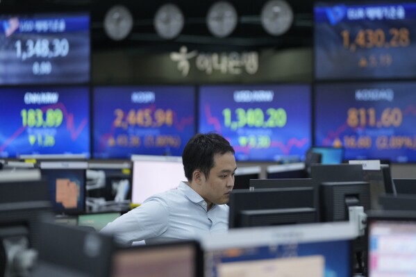 FILE - A currency trader watches monitors at the foreign exchange dealing room of the KEB Hana Bank headquarters in Seoul, South Korea, on Oct. 11, 2023. Shares skidded Thursday, Oct. 26 in Asia after Wall Street tumbled as bond yields tightened their chokehold. (AP Photo/Ahn Young-joon, File)