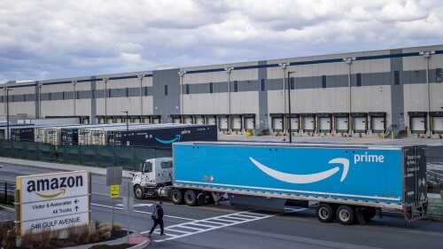 FILE - A truck arrives at the Amazon warehouse facility, in the Staten Island borough of New York, April 1, 2022. Vermont Sen. Bernie Sanders has opened a Senate investigation into Amazon’s warehouse safety practices, the latest in a series of probes he’s initiated against big corporations in his role as chairman of a committee that oversees health and labor issues.(AP Photo/Eduardo Munoz Alvarez, File)