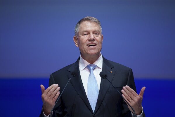 Romanian President Klaus Iohannis speaks at the EPP Congress in Bucharest, Romania, Thursday, March 7, 2024. Romania's President Klaus Iohannis announced Tuesday that he will officially enter the race to become the next leader of the NATO military alliance. (AP Photo/Andreea Alexandru)