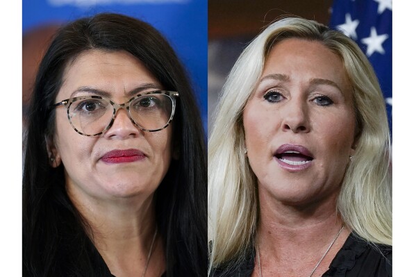 This combo image shows Rep. Rashida Tlaib, D-Mich., Feb. 18, 2022, left, and Rep. Marjorie Taylor Greene, R-Ga., May 18, 2023, right. The House is expected to consider resolutions that would censure Tlaib and Greene in a partisan tit-for-tat over inflammatory rhetoric. (AP Photo/File)