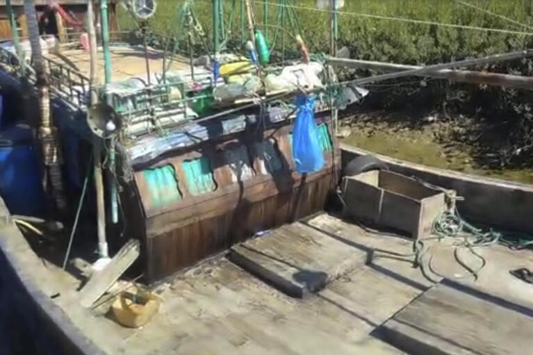 This image from video provided by Ro Mohammed Zowlal Ryz shows the boat of Jamal Hussein, who was captaining the vessel when it sank in rough seas south of Bangladesh on Dec. 7, 2022, carrying around 180 Rohingya refugees. Hussein shot the video and shared it with prospective passengers around Bangladesh's Rohingya refugee camps. (Jamal Hussein via AP)