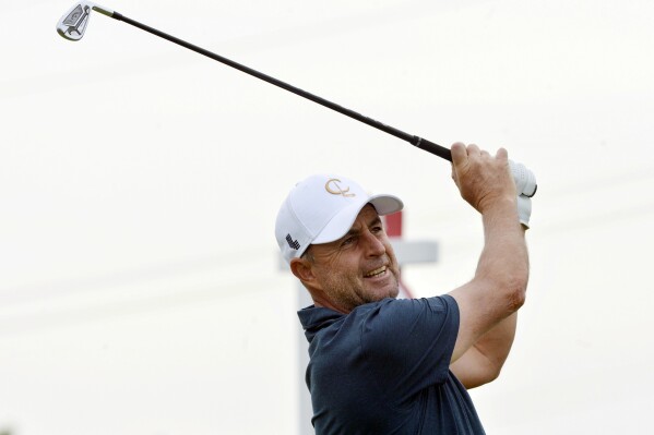 Richard Bland tees off on the fourth hole during the final round of the Senior PGA Championship held at Harbor Shores Sunday, May 26, 2024, in Benton Harbor, Mich. (Don Campbell/The Herald-Palladium via AP)