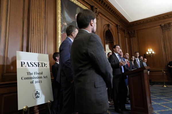 Rep. Jodey Arrington , R-Texas, speaks at a news conference following the markup of H.R. 5779, the Fiscal Commission Act of 2023, on Capitol Hill Thursday, Jan. 18, 2024, in Washington. (AP Photo/Yuri Gripas)