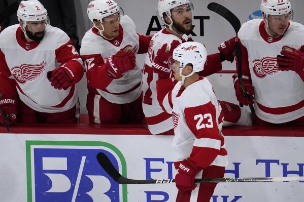 Detroit Red Wings left wing Lucas Raymond (23) celebrates with teammates after scoring a goal against the Chicago Blackhawks during the first period of an NHL hockey game in Chicago, Sunday, Oct. 24, 2021. (AP Photo/Nam Y. Huh)