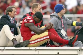 San Francisco 49ers' Deebo Samuel is carted off the field after being injured in the second quarter of an NFL football game against the Tampa Bay Buccaneers at Levi's Stadium in Santa Clara, Calif., Sunday, Dec. 11, 2022. (Scott Strazzante/San Francisco Chronicle via AP)