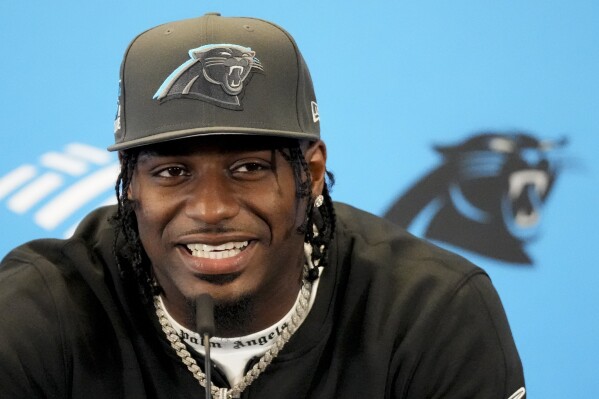 Carolina Panthers first round draft pick Xavier Legette speaks during an NFL football press conference on Friday, April 26, 2024, in Charlotte, N.C. (AP Photo/Chris Carlson)