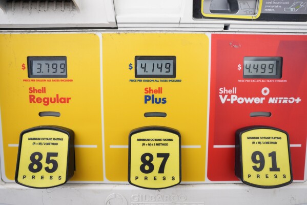 The per-gallon price is displayed electronically at the pump of a Shell station Wednesday, July 5, 2023, in Englewood, Colo. The national average for gas prices stood at about $3.78 a gallon on Tuesday — about 25 cents higher than that seen one month ago, according to motor club AAA. (AP Photo/David Zalubowski)