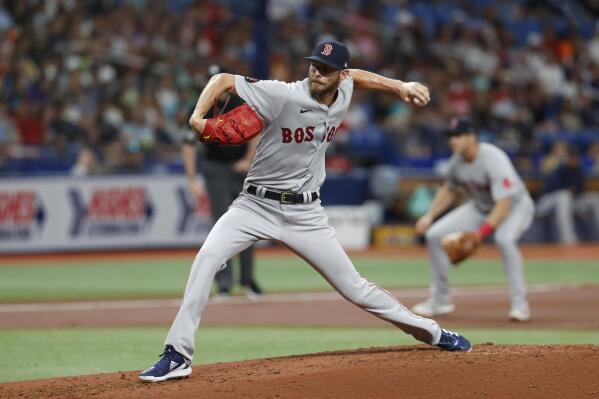 Boston Red Sox starting pitcher Chris Sale throws to a Tampa Bay Rays batter during the second inning of a baseball game Tuesday July 12, 2022, in St. Petersburg, Fla. (AP Photo/Scott Audette)