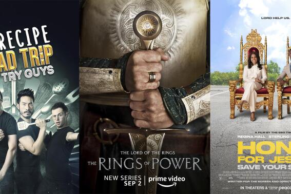 This combination of images shows promotional art for "No-Recipe Road Trip with the Try Guys," premiering Aug. 31 on Food Network, left, "The Lord of the Rings: The Rings of Power," a series premiering Sept. 2 on Amazon, center, and "Honk for Jesus: Save Your Soul," a film streaming on Peacock on Sept. 2. (Food Network/Amazon/Peacock via AP)