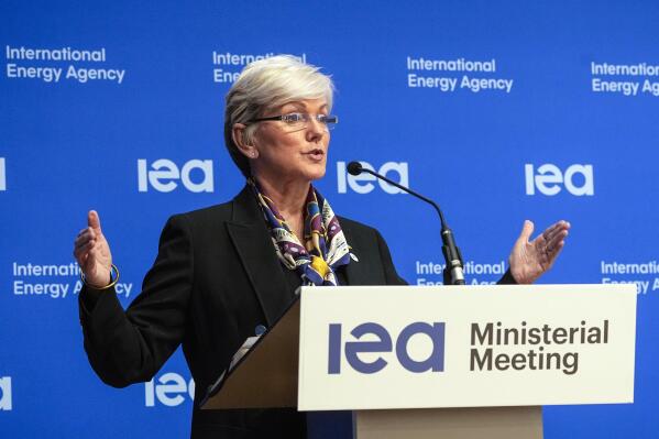 FILE - US Secretary of Energy Jennifer M. Granholm speaks during the closing media conference at the International Energy Agency (IEA) ministerial meeting in Paris, on March 24, 2022. Granholm said Wednesday, April 27, 2022, that Russia's war on Ukraine “screams” that the world needs to stop importing oil and gas from Russia and instead move toward other forms of energy.  (AP Photo/Michel Euler, File)