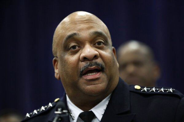 FILE - In this Oct. 28, 2019 file photo, Chicago Police Supt. Eddie Johnson speaks in Chicago. Chicago Mayor Lori Lightfoot says she has fired Police Supt. Johnson due to his "ethical lapses" Monday, Dec. 2, 2019. (AP Photo/Charles Rex Arbogast File)