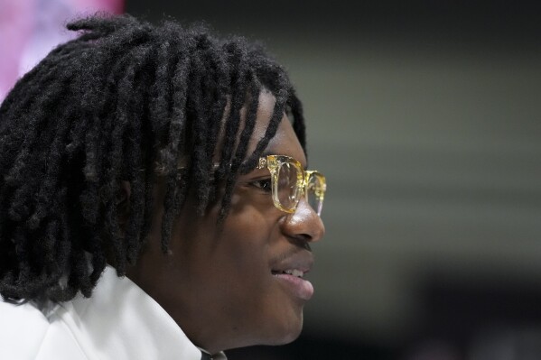 Ohio State wide receiver Jeremiah Smith during media day ahead of the College Football Playoff national championship game between Ohio State and Notre Dame, Saturday, Jan. 18, 2025, in Atlanta. The game will be played on Monday. (AP Photo/Brynn Anderson)