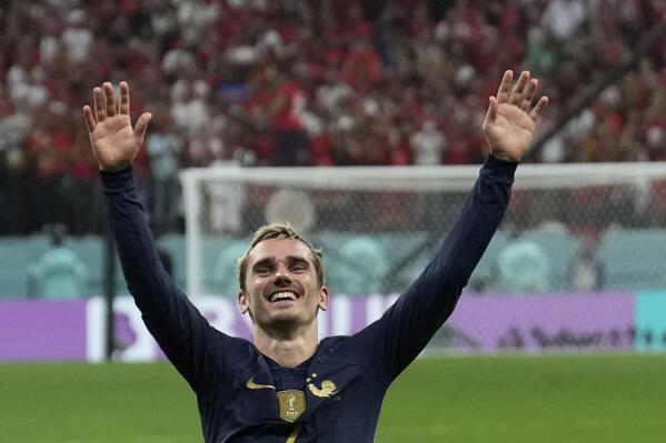 France's Antoine Griezmann celebrates after the World Cup semifinal soccer match between France and Morocco at the Al Bayt Stadium in Al Khor, Qatar, Wednesday, Dec. 14, 2022. (AP Photo/Francisco Seco)