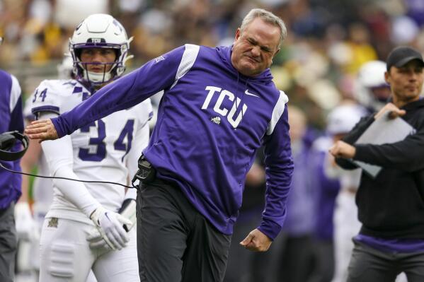 TCU head coach Sonny Dykes reacts to a referee's call during their game against Baylor at McLane Stadium in Waco, Texas on Saturday, Nov. 19, 2022. The Horned Frogs won 29-28 against the Bears. (Madeleine Cook/Star-Telegram via AP)